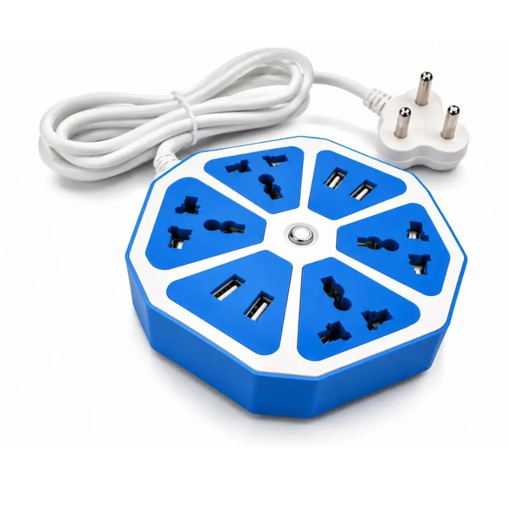 Octagonal Multi-Plug Extension Board with 4 Universal AC Sockets & 4 USB Ports