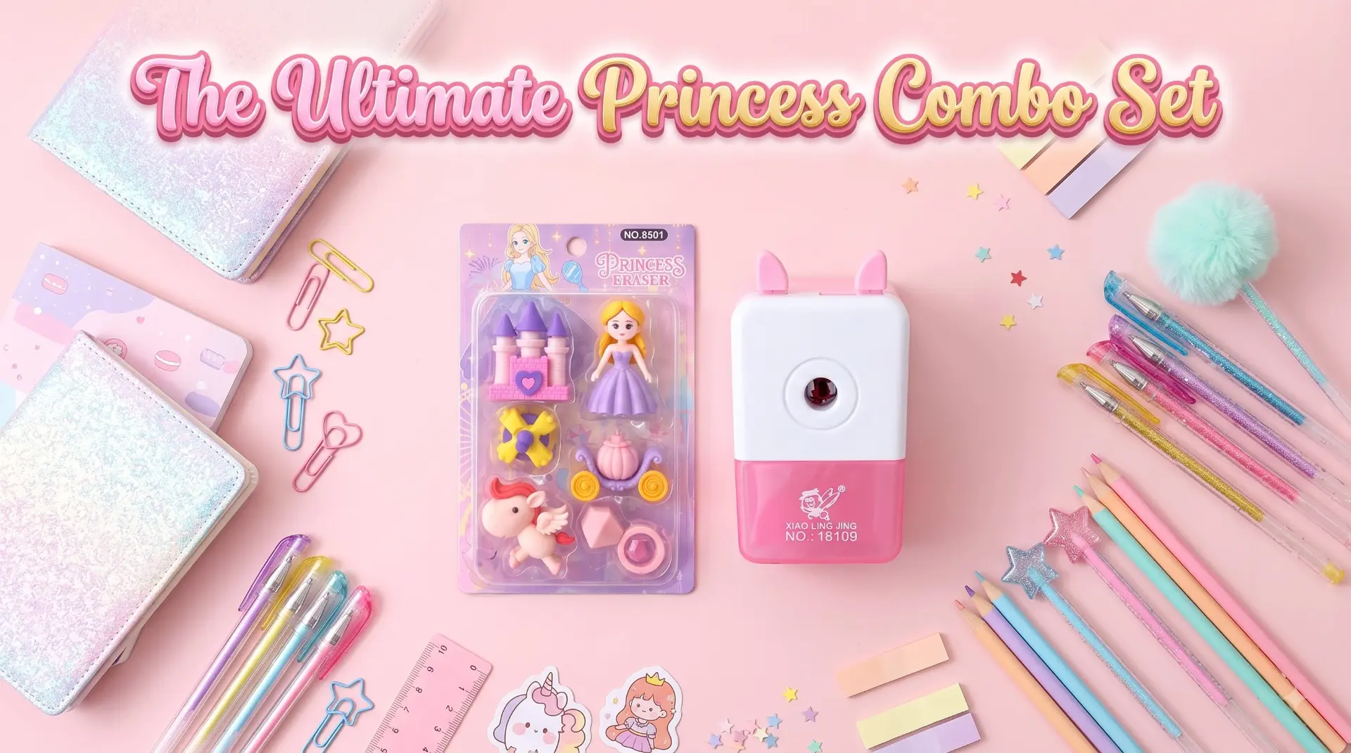 Ultimate Princess Stationery Combo Set – 3D Theme Erasers & Cute Tabletop Pencil Sharpener for Kids