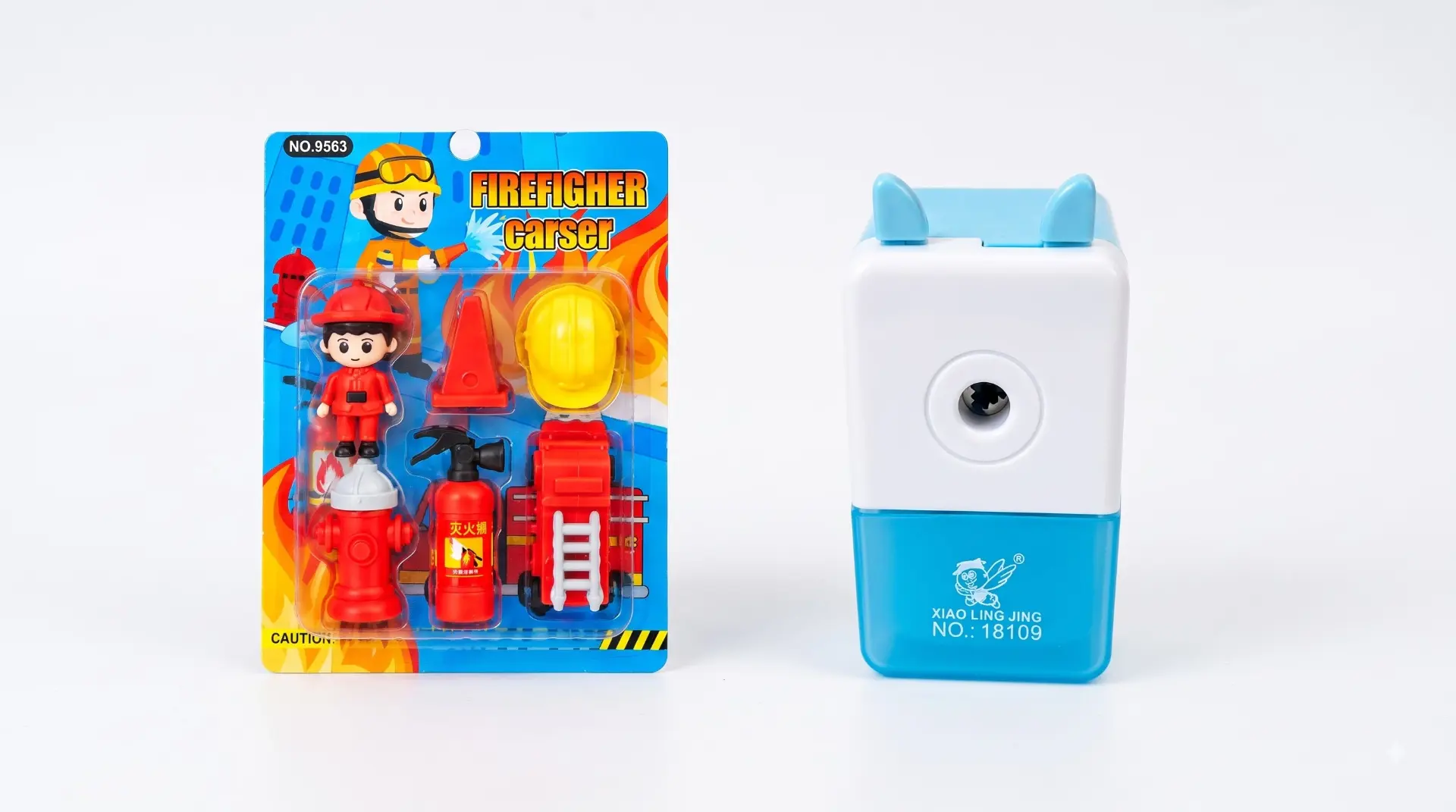 Firefighter Stationery Combo Set – 3D Rescue Theme Eraser Pack & Rotary Tabletop Pencil Sharpener for Kids